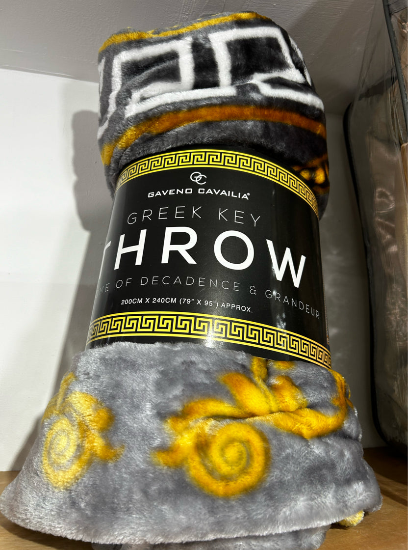 King Size Greek Key Design Charcoal & Gold Throw 240cm x 200cm